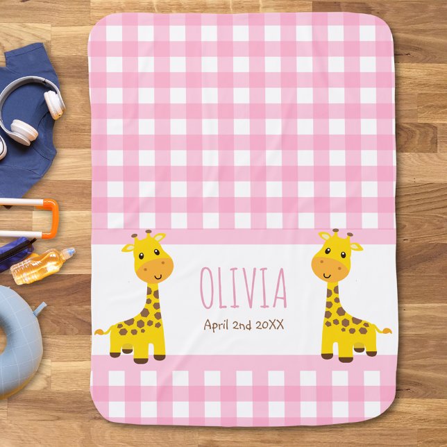 Baby Yellow Giraffes Gingham Name Birth Blanket (Creator Uploaded)
