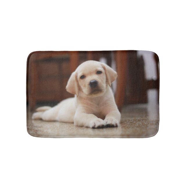Baby Yellow Labrador Puppy Dog laying on Belly Bathroom Mat (Front)