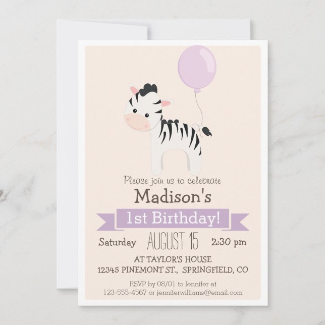 Baby Zebra Girl's Birthday Party Invitation (Front)