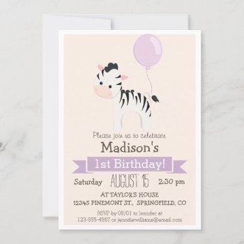Baby Zebra Girl's Birthday Party Invitation by Card_Stop at Zazzle