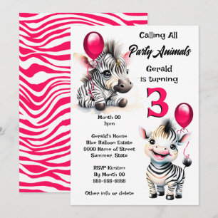 Baby zebra holding balloons kids birthday invitation