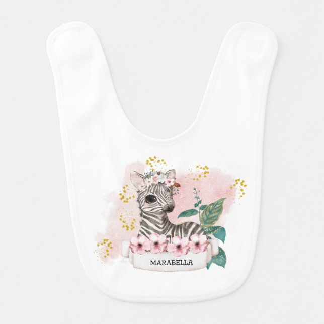 *~* Baby Zebra Name Jungle Sweet Girl Pink Baby Bib (Front)
