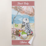 Baby Zebra Personalized Beach Blanket<br><div class="desc">Adorable beach blanket featuring a baby zebra enjoying a day at the beach under a beach umbrella,  with a beach ball,  a basket of seashells,  and a coconut drink.  Personalize this one prior to placing it into your shopping cart.</div>