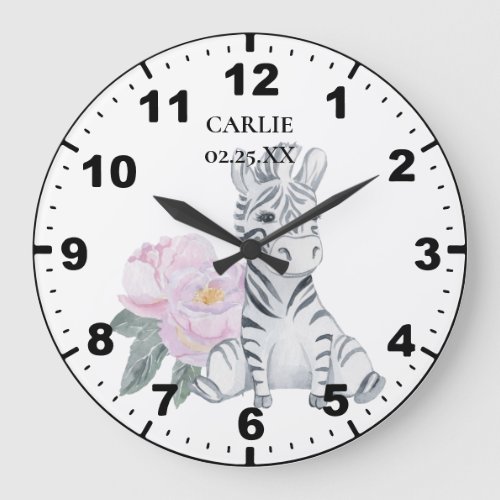 Baby Zebra Pink Flowers Baby Girl Large Clock