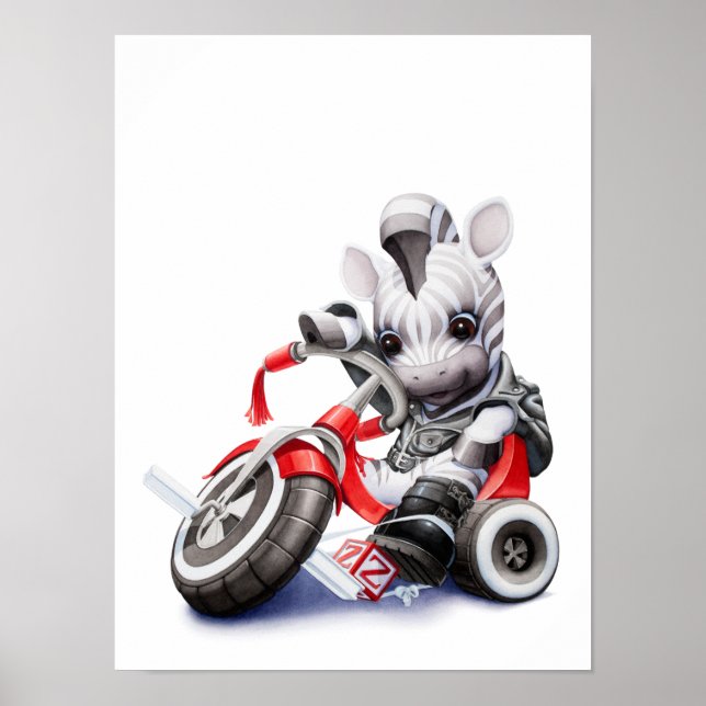 Baby Zebra Riding Red Tricycle Nursery Print (Front)
