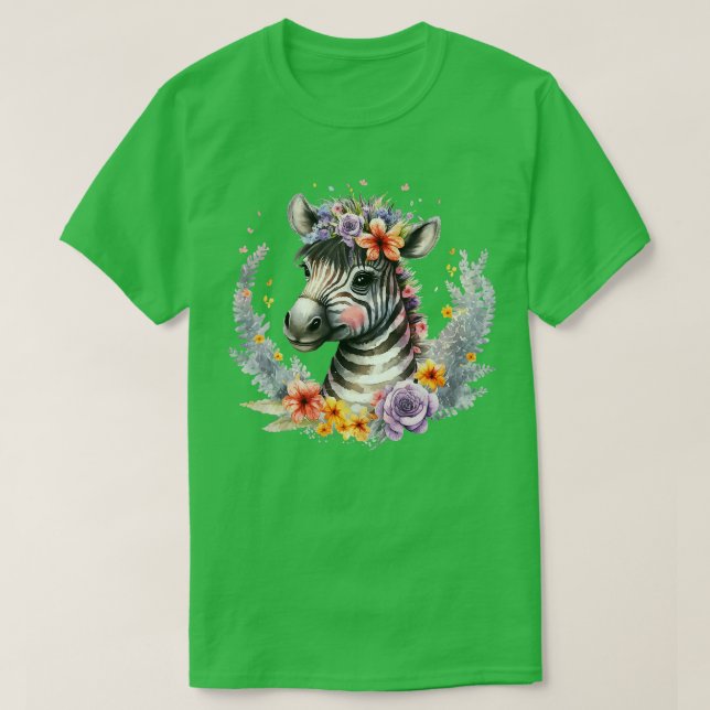 Baby Zebra Safari Animal Watercolor Floral T-Shirt (Design Front)