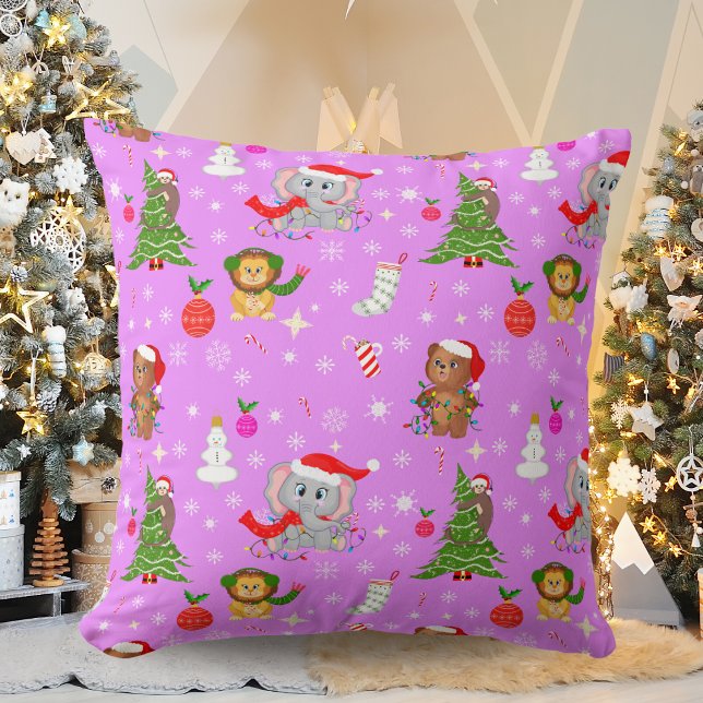 Baby Zoo Animals Celebrating Christmas Pink  Throw Pillow (Creator Uploaded)