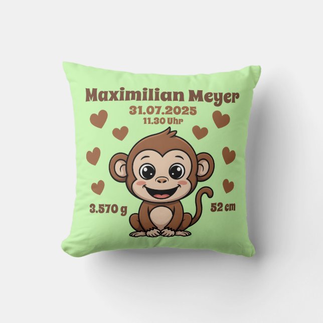Babycushions for birth — monkey — personalizable. throw pillow (Front)
