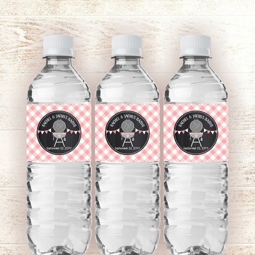 BabyQ Baby Girl Shower Pink Gingham on Chalkboard Water Bottle Label