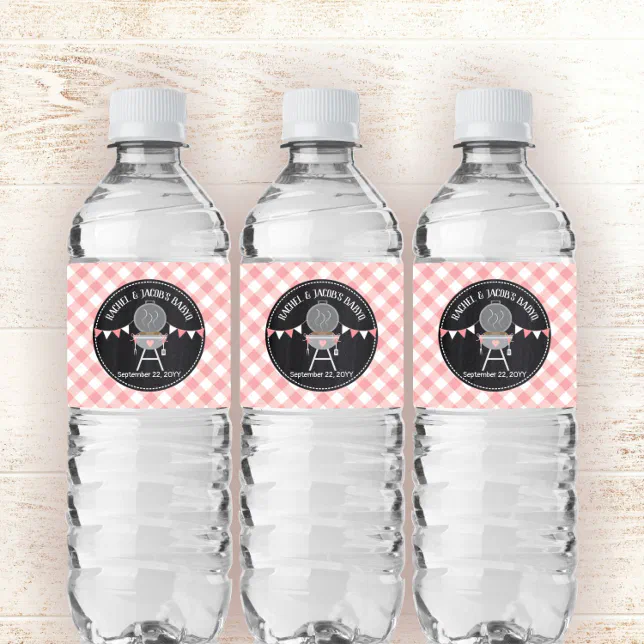 BabyQ Baby Girl Shower Pink Gingham on Chalkboard Water Bottle Label ...