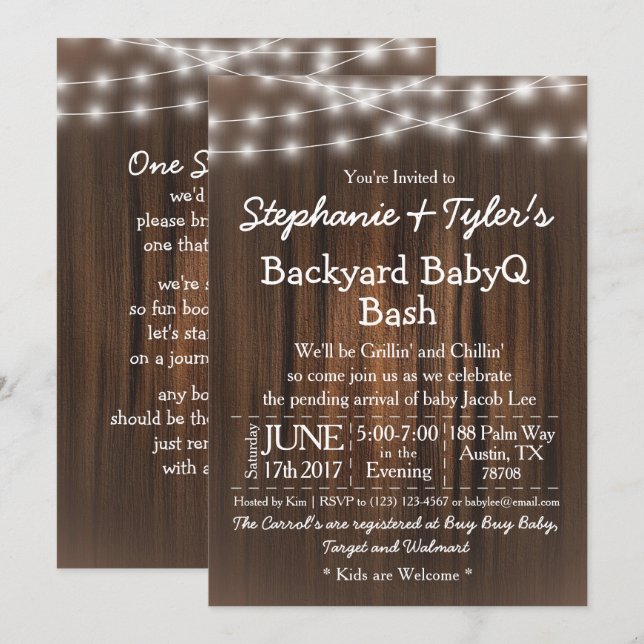BabyQ Backyard Bash Lights Wood Rustic Baby Shower Invitation (Front/Back)