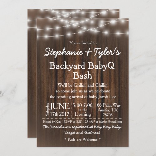 BabyQ Backyard Bash Lights Wood Rustic Baby Shower Invitation
