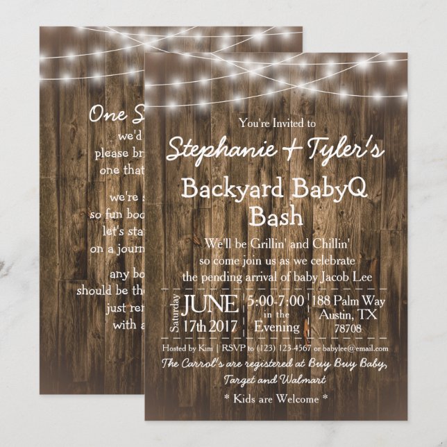 BabyQ Backyard BBQ Bash Wood Rustic Baby Shower Invitation (Front/Back)