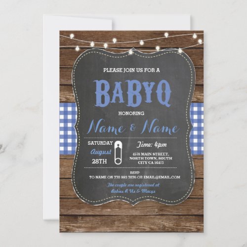 BaByQ BBQ Baby Shower Blue Chalk Wood Invite