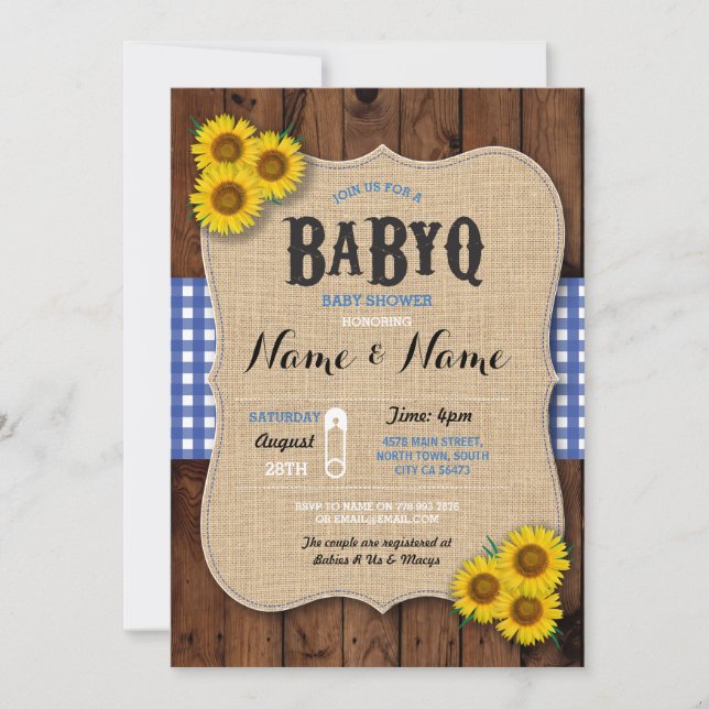 BaByQ BBQ Baby Shower Blue Sunflower Invite (Front)