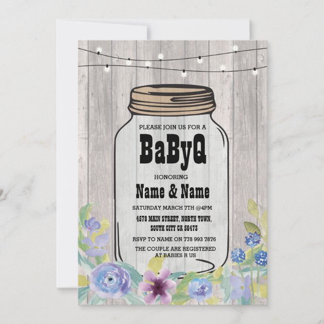 BaByQ BBQ Baby Shower Jar StringLights Wood Invite (Front)