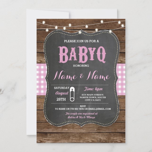 BaByQ BBQ Baby Shower Pink Chalk Wood Invite (Front)