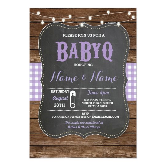 BaByQ BBQ Baby Shower Purple Chalk Wood Invite
