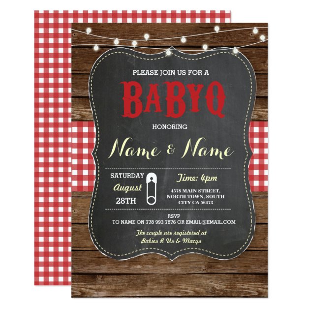 BaByQ BBQ Baby Shower Red Chalk Wood Invite