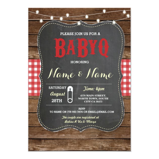 BaByQ BBQ Baby Shower Red Chalk Wood Invite