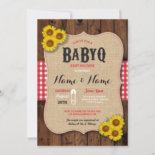 BaByQ BBQ Baby Shower Red Sunflower Invite (Front)