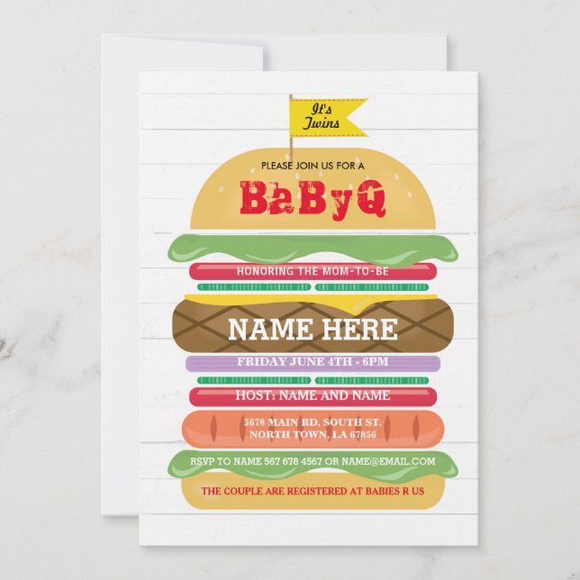 BaByQ BBQ Baby Shower Twins Couple's Shower Invite (Front)