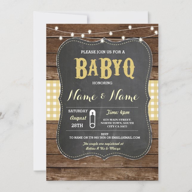 BaByQ BBQ Baby Shower Yellow Chalk Wood Invite (Front)