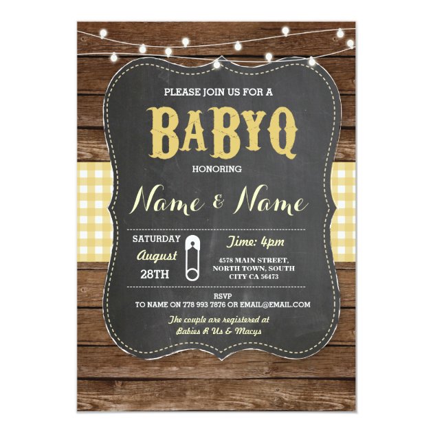 BaByQ BBQ Baby Shower Yellow Chalk Wood Invite