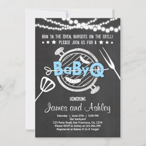 BabyQ BBQ Couples Shower Coed Baby Shower Blue Invitation