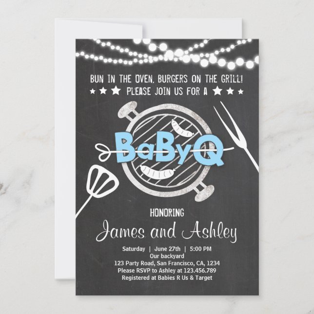 BabyQ BBQ Couples Shower Coed Baby Shower Blue Invitation (Front)