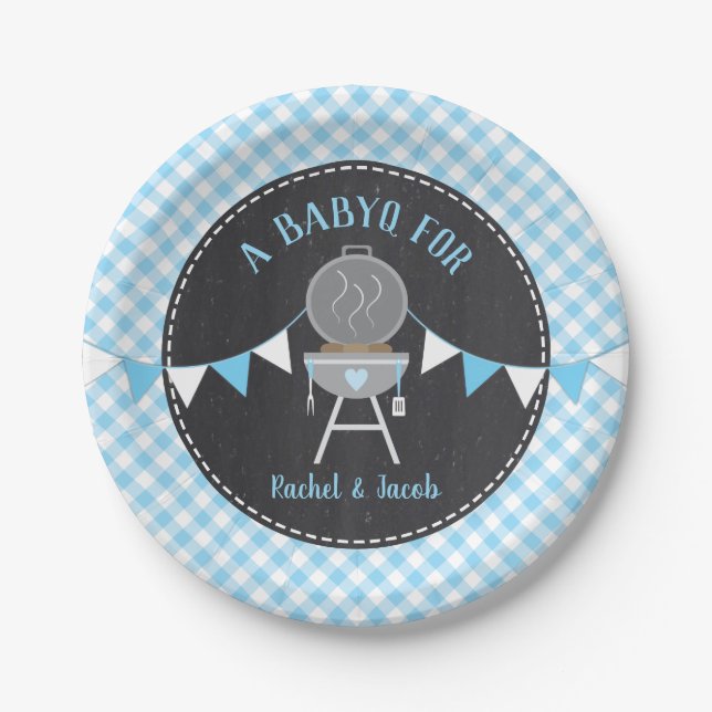 BABYQ Blue Gingham Chalkboard Boy Baby Shower Paper Plates (Front)