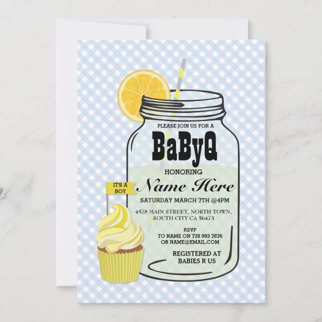 BaByQ Gender Reveal Baby Shower Blue Check Invite (Front)