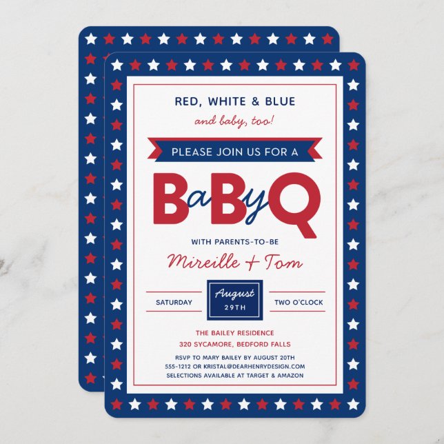 BabyQ or Baby-Q Red White Blue Baby Shower Invite (Front/Back)