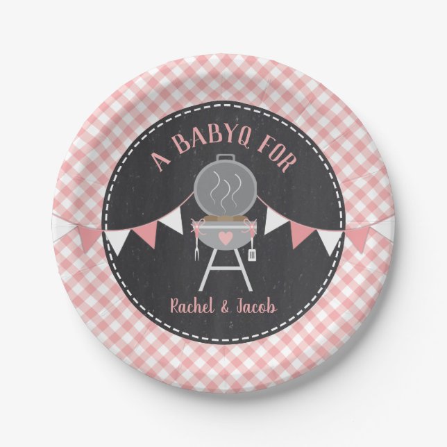 BABYQ Pink Gingham Chalkboard Girl Baby Shower Paper Plates (Front)