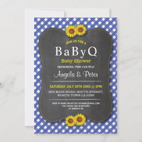 BABYQ Sunflower Baby Shower BBQ Couple Blue Invite