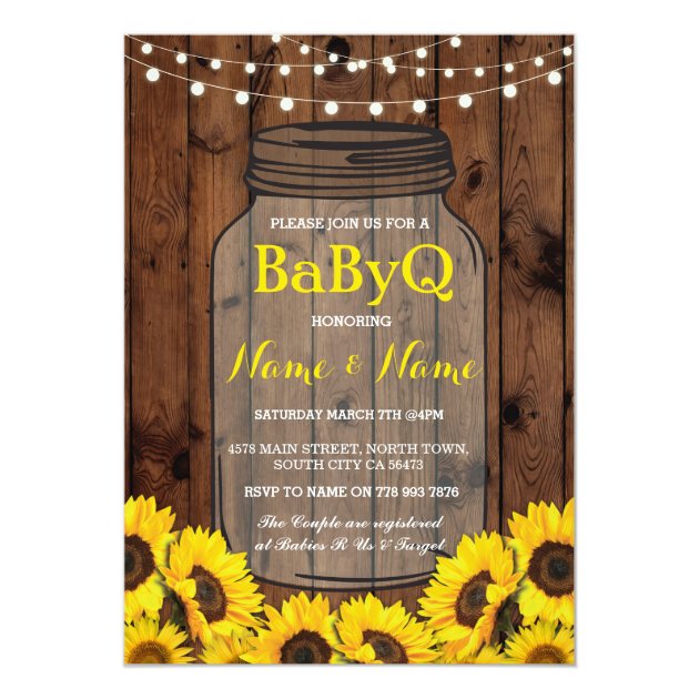 BaByQ Sunflower BBQ Baby Shower Jar Wood Invite