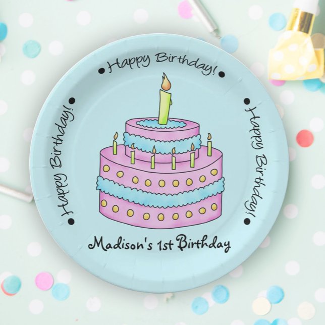 Baby's 1st Birthday Cake Name Personalized Paper Plates (Celebrate a first birthday and make it special with easy to edit name personalization!)