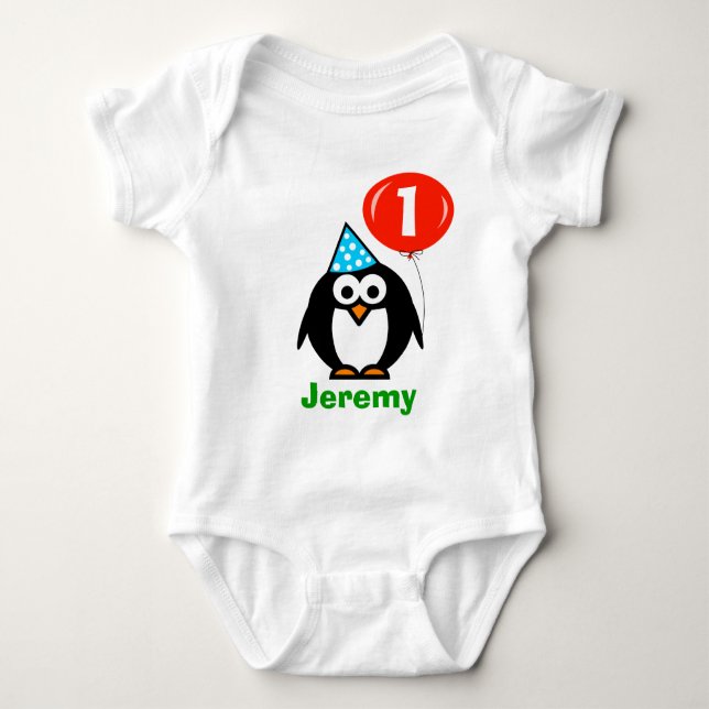 Baby's 1st Birthday creeper | penguin and balloon (Front)