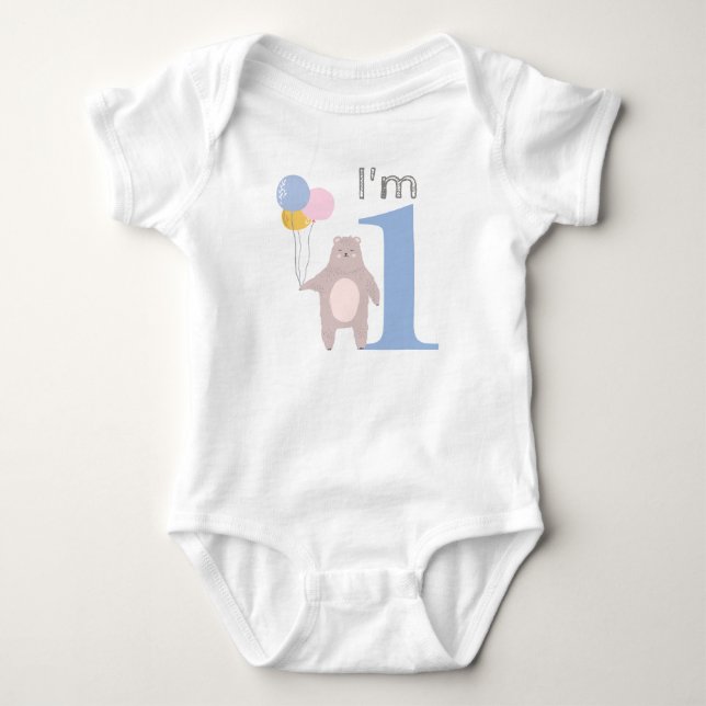 Baby's 1st Birthday Funny Bear With Balloons Baby Bodysuit (Front)