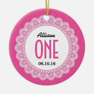 Baby's 1st Birthday Memento Pink with Lace B01 Ceramic Ornament