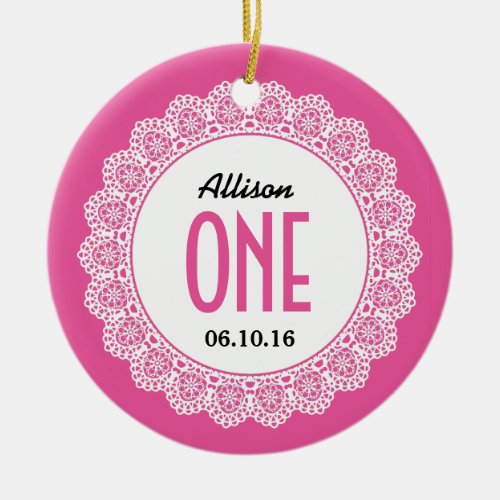 Babys 1st Birthday Memento Pink with Lace B01 Ceramic Ornament