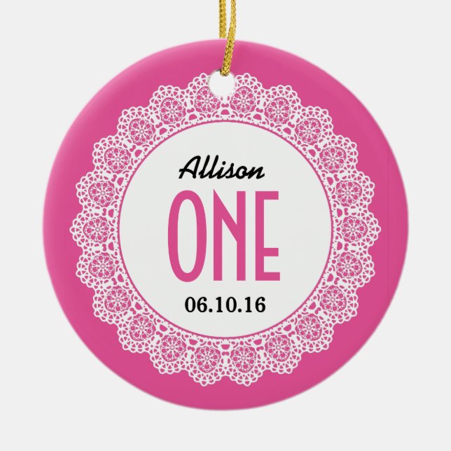 Baby's 1st Birthday Memento Pink with Lace B01 Ceramic Ornament (Front)