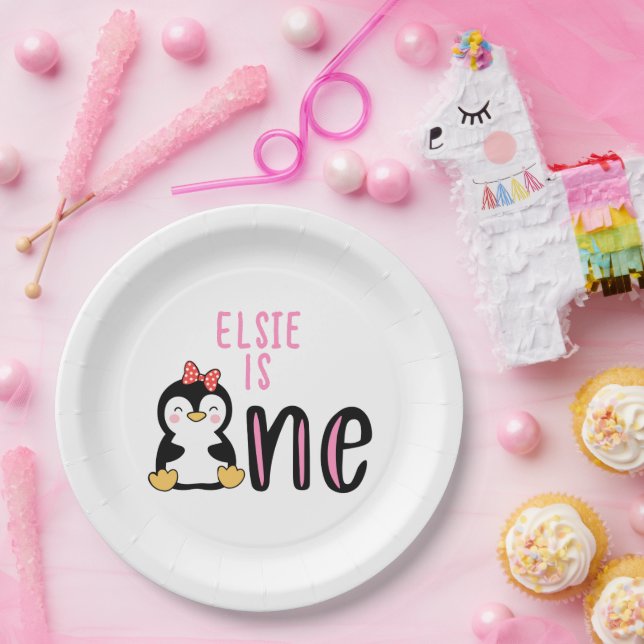 Baby's 1st Birthday  Name Penguin Cute Paper Plates (Party)