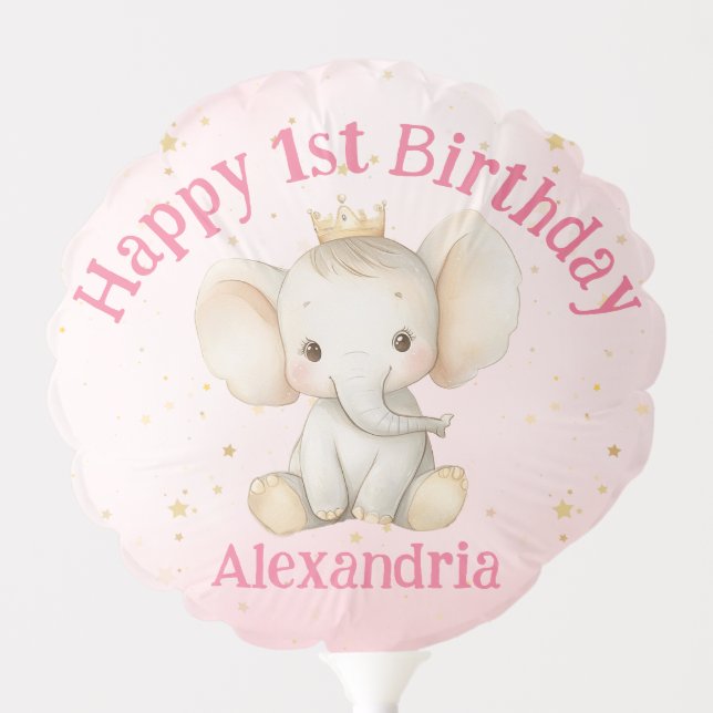 Baby's 1st birthday personalized princess elephant balloon (Front)