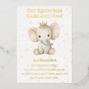Baby's 1st birthday personalized princess elephant foil invitation