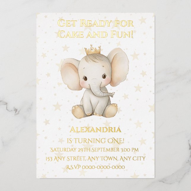 Baby's 1st birthday personalized princess elephant foil invitation (Front)