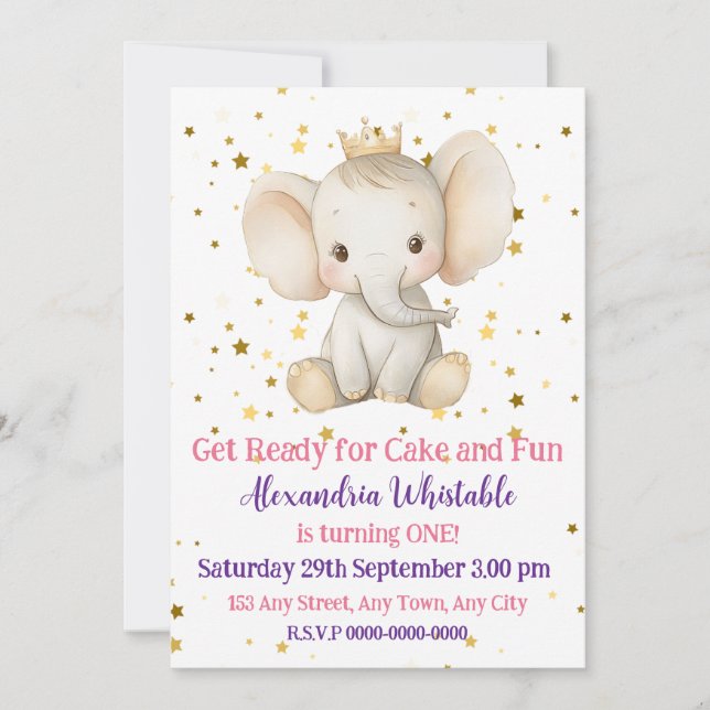 Baby's 1st birthday personalized princess elephant invitation (Front)