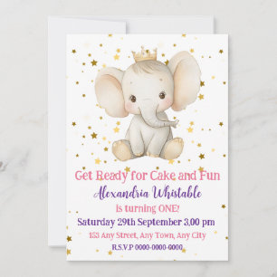 Baby's 1st birthday personalized princess elephant invitation