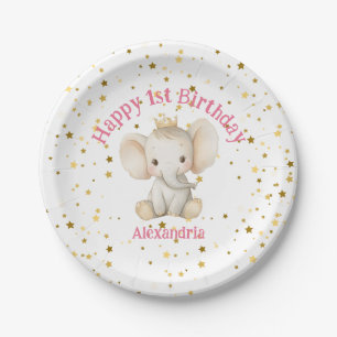 Baby's 1st birthday personalized princess elephant paper plates