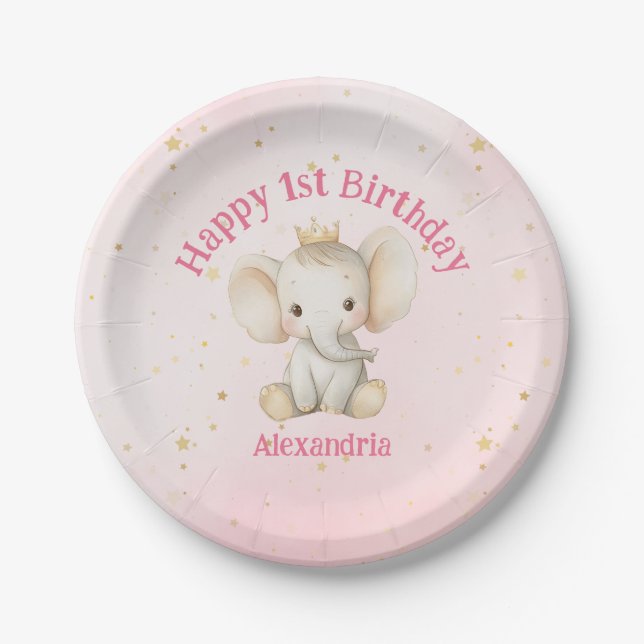 Baby's 1st birthday personalized princess elephant paper plates (Front)